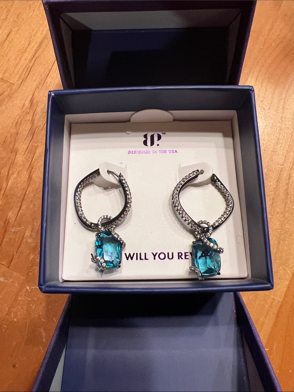 Blue Crystal Drop Hoop Earrings - BP NEW Never Worn